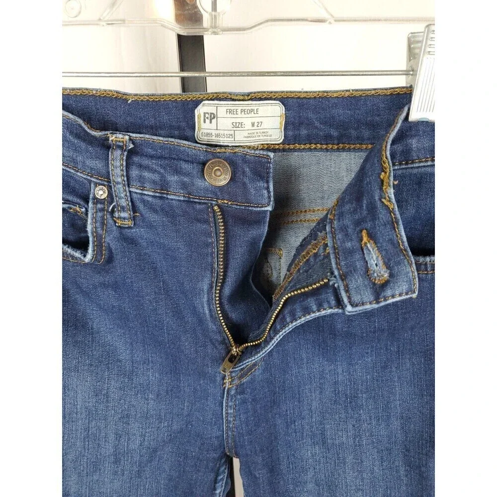 Free People Jeans Size 27x25 Skinny Leg Torn Distressed Stretch Denim Blue